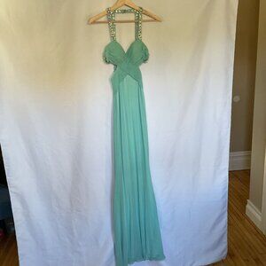 Faviana antique formal dress maxi aqua side cutouts sequins size 00 dramatic